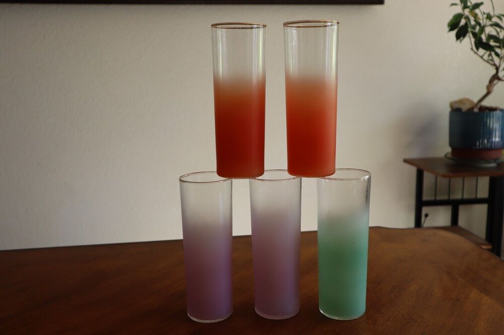 Lot 5x 70’s Vintage Blendo Multicolor Frosted Gold Rim Glass Barware 6.75" Ombre